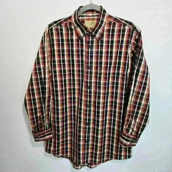 Men's Cabelas Outfitter Series Care-free Cotton Plaid Shirt - Black/Brown - Sz M - Picture 1 of 8